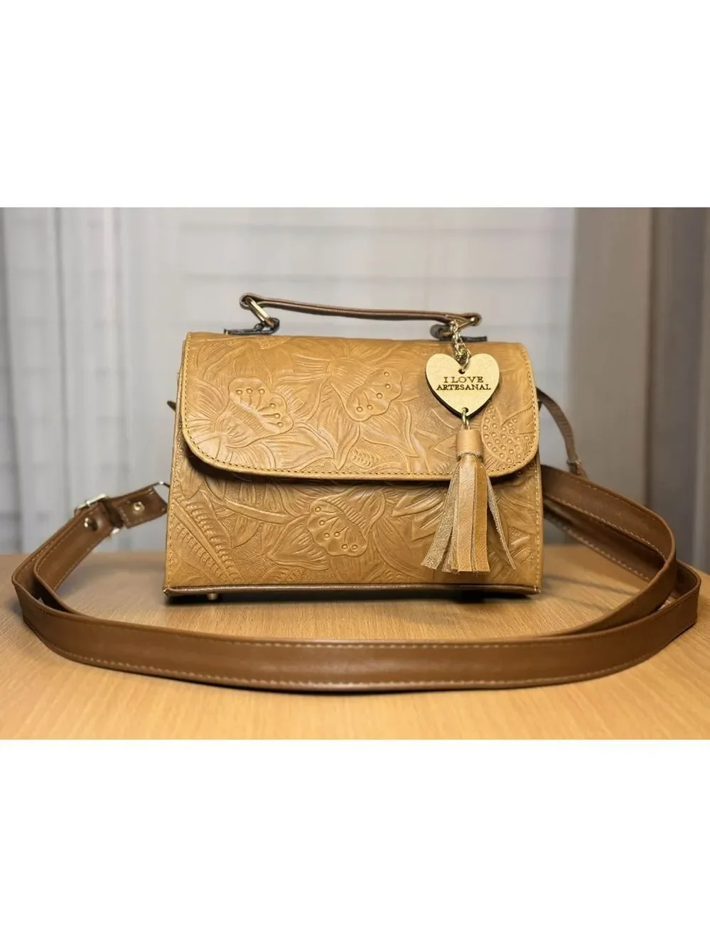 Camel Beige Sunflower Embossed Tooled Artisan LEATHER Crossbody bag Purse
